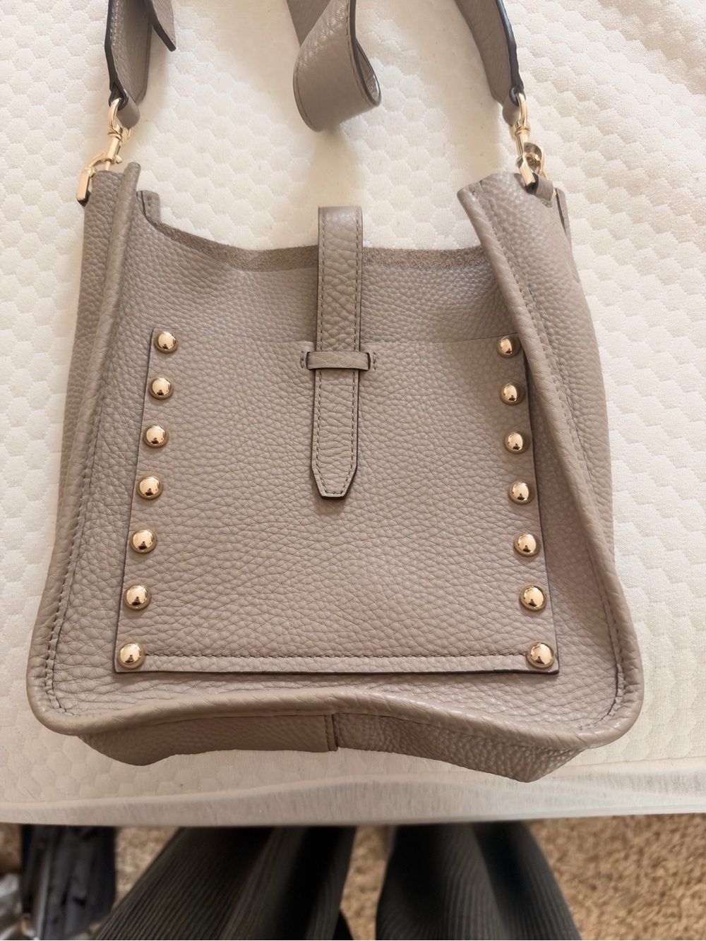 Rebecca Minkoff Taupe/Grey Pebbled Leather Feed Bag with Gold Studs